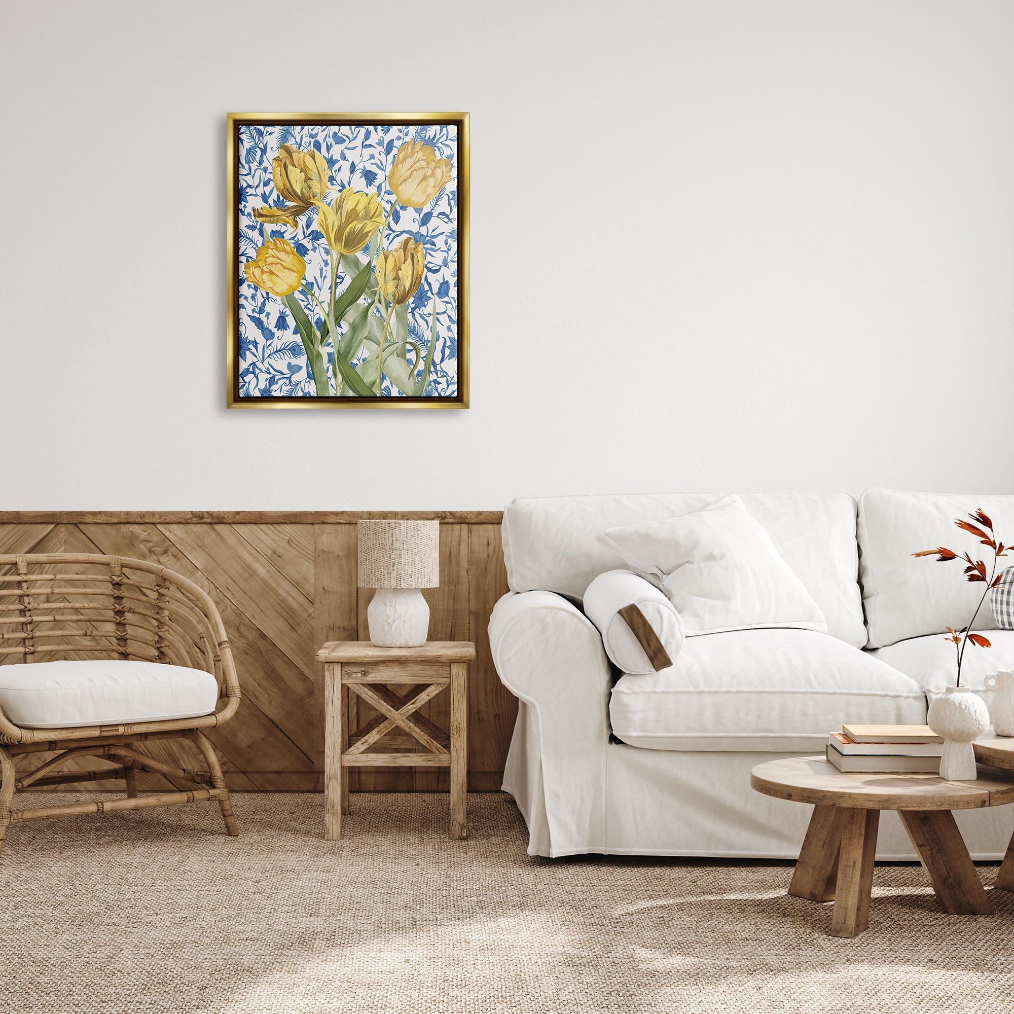 Stupell Industries Tulips on Blue Toile Botanical & Floral Painting Gold Floater Framed Canvas Art Print Wall Art, 25 x 31