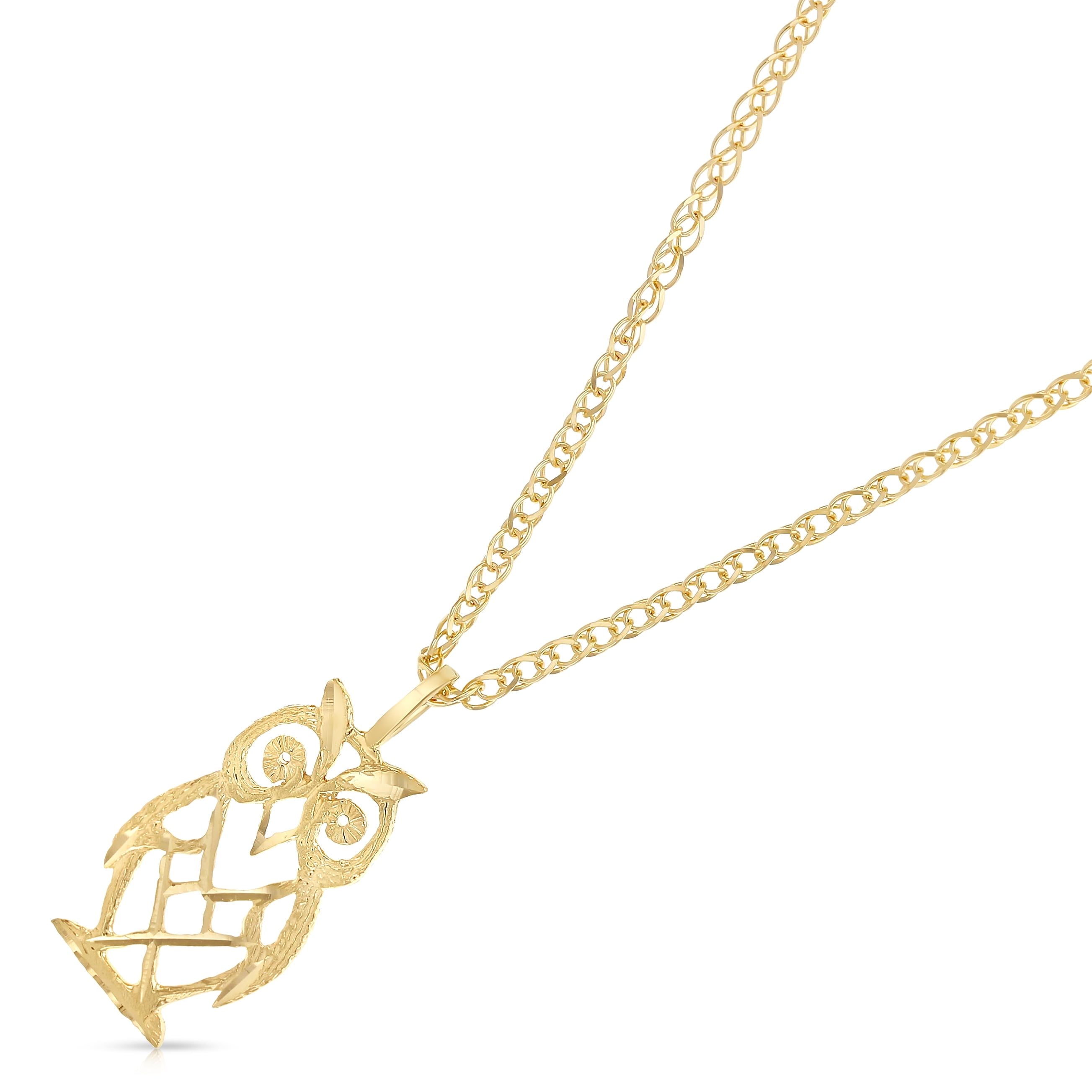 14K Yellow Gold Owl Charm Pendant with 1.7mm Flat Open Wheat Chain Necklace