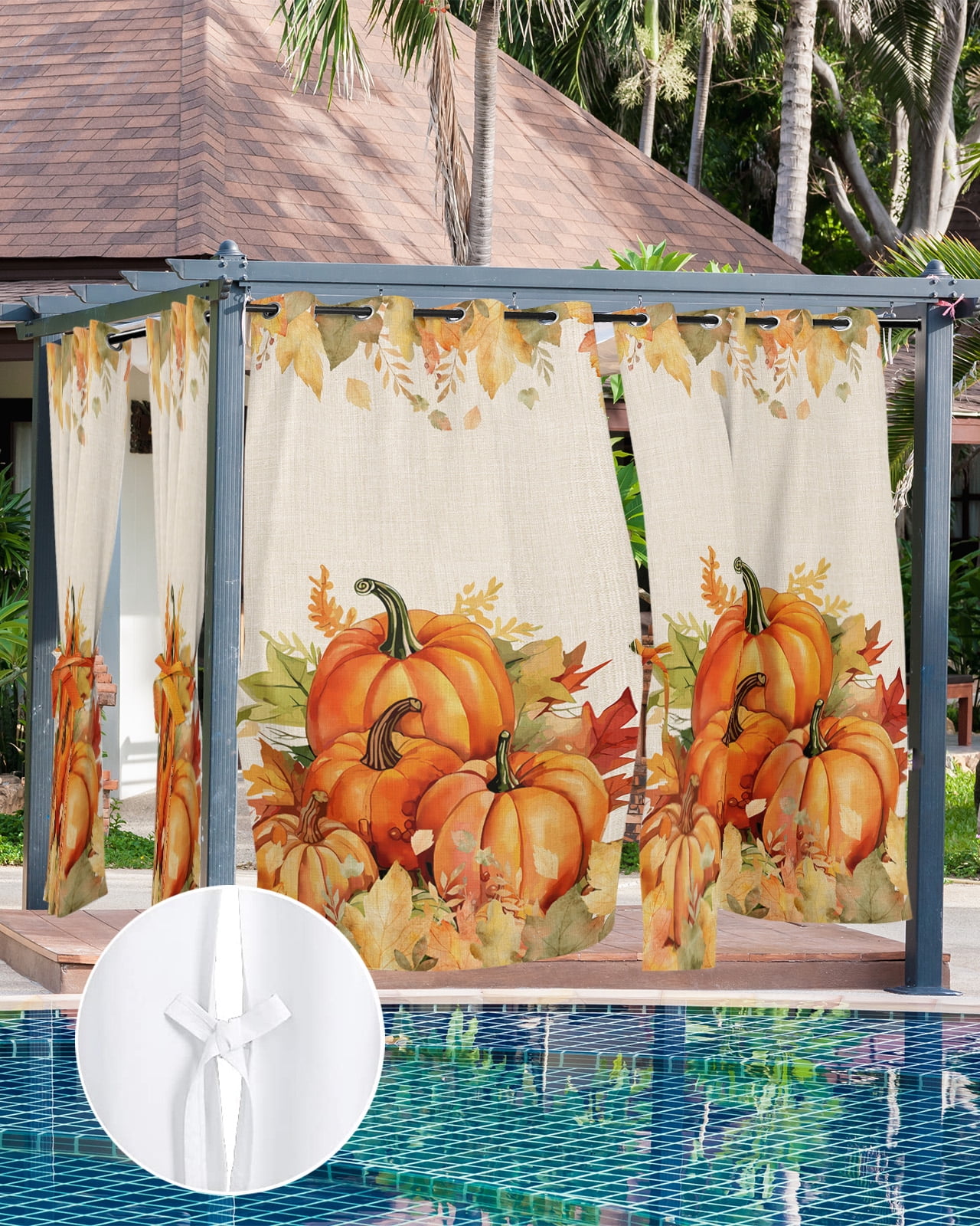 Outdoor Curtains for Patio, Fall Thanksgiving Waterproof Blackout Outside Curtain for Porch/Pergola/Gazebo, Rustic Orange Pumpkin Harvest Maple Leaf Thermal Insulated Drapes, 2 Panels, 54 x 84 Inch