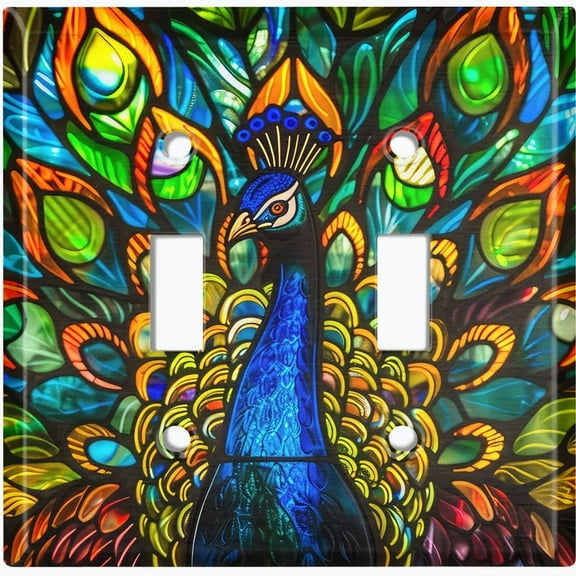Metal Light Switch Wall Plate Outlet Cover (Printed Image of Stained Glass Peacock - Double Toggle)