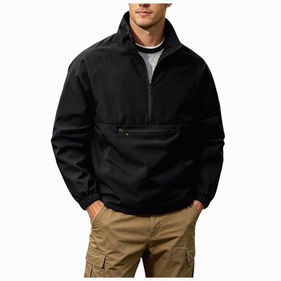 COMVALUE Men's Lightweight Quarter Zip Pullover Casual Windbreaker for Running Golf Jackets with 3 Pockets (Black, XS)