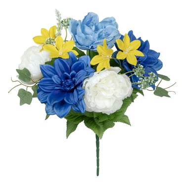 16-inch Artificial Silk Blue Peony & Dahlia Mixed Summer Bush, for Indoor Use, by Mainstays