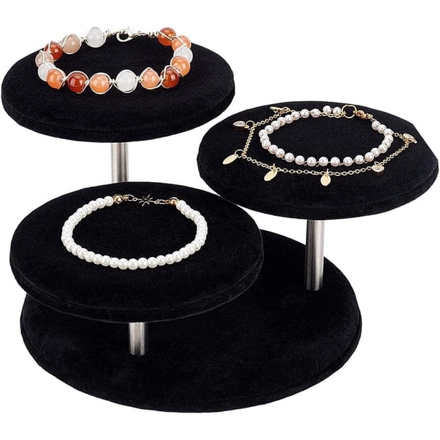 Soporte de joyería redondo de terciopelo negro de 3 niveles, 18 x 19 x 10 cm, con elevadores de madera para exhibir joyas y 3 plataformas redondas (10 cm de diámetro). Organizador.