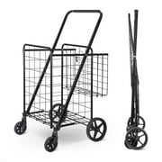 ZENY Folding Utility Shopping Cart with Double Basket and Wheels for Grocery Laundry Book Luggage Travel, Black