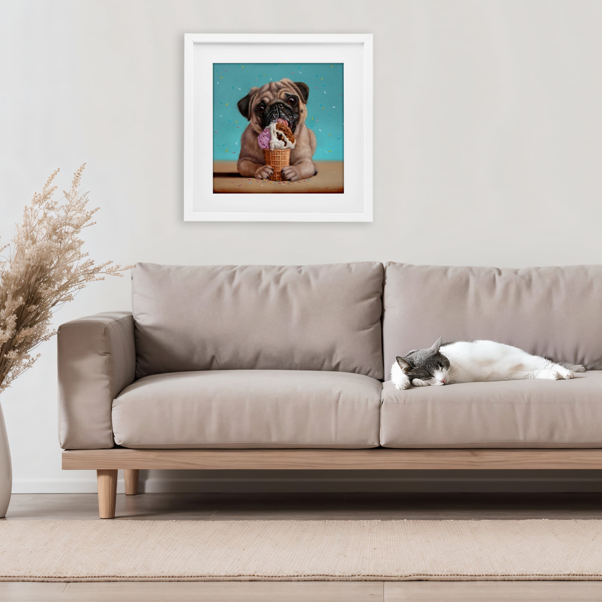 Neapawlitan Ice Cream & Dog White Framed Print Under Glass, design by Lucia Heffernan