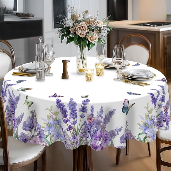 Verolix Round Tablecloth 60 Inch, Lavender Floral Polyester Table Cover for Dining Table, Elegant Farmhouse Tablecloth for Kitchen, Patio, Home Decor