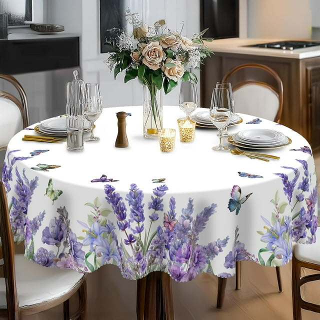 Round Tablecloth, Lavender Lily Tablecloth Waterproof and Wrinkle-Free, Boho Table Covers, Summer Decorations for Home 60inch