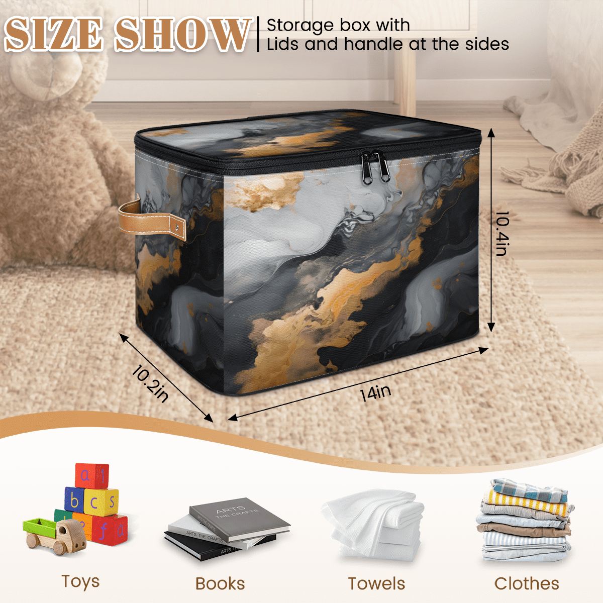 ADECORIVY Marble Design Storage Bin with Zipper Lid, Fabric Storage Baskets Boxes with Handles, Decorative Clothes Organizer Containers for Shelves, Wardrobe, Closet