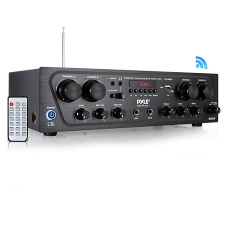 PYLE PTA42BT - Compact Bluetooth Home Audio Amplifier, 4-Ch. Audio Source Stereo Receiver System with FM Radio, MP3/USB/SD/AUX Playback (500