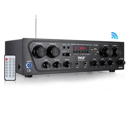 Pyle Wireless Karaoke Bluetooth Stereo Receiver - 4 Channel Power Amplifier w/ USB, Headphone, 2 Microphone Input w/ Echo, Talkover for PA Great for Home Speaker System - PTA42BT (B078YKXYK8)
