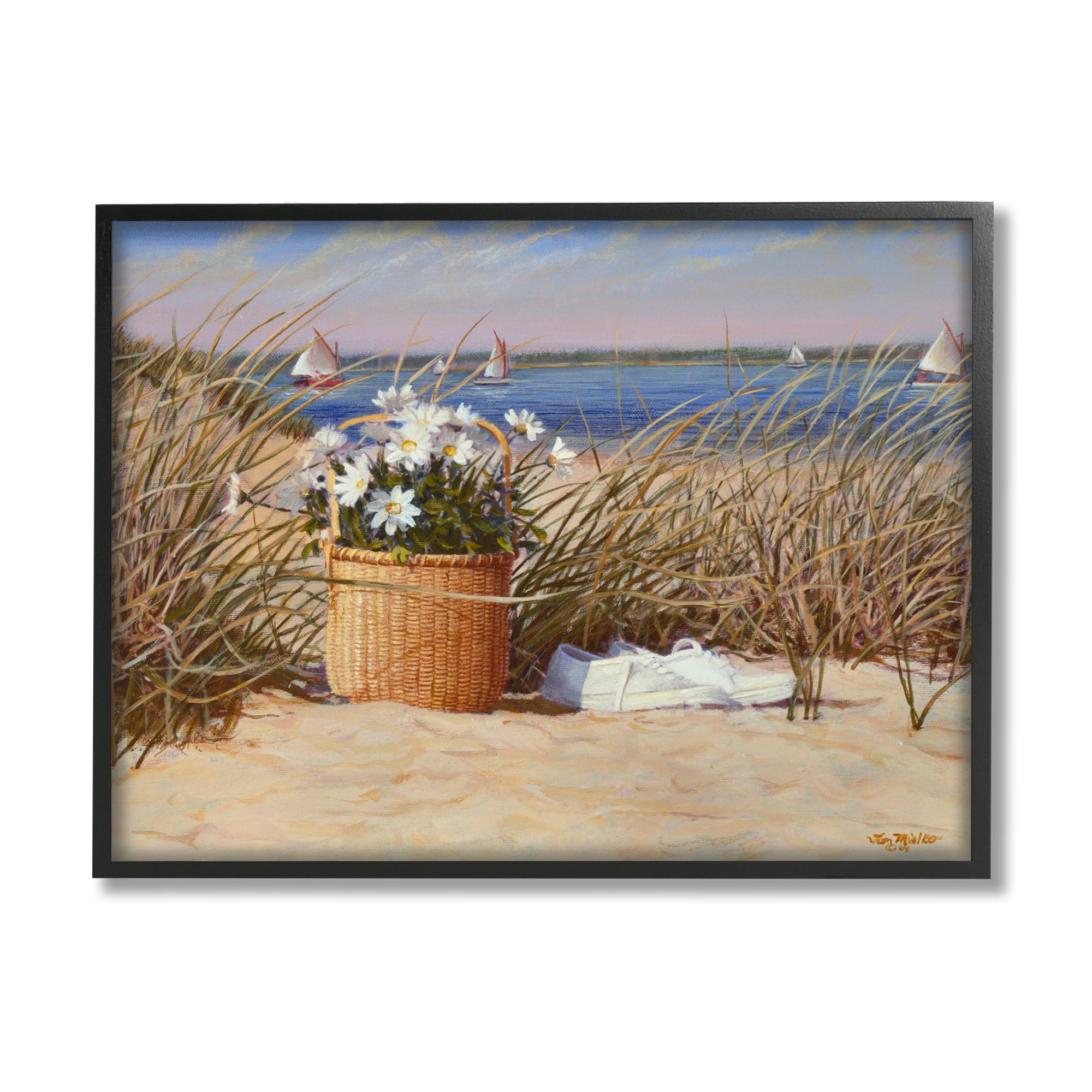 Stupell Industries Coastal Flower Blossom Basket Windblown Beach Grass Painting Black Framed Art Print Wall Art, Design by Tom Mielko