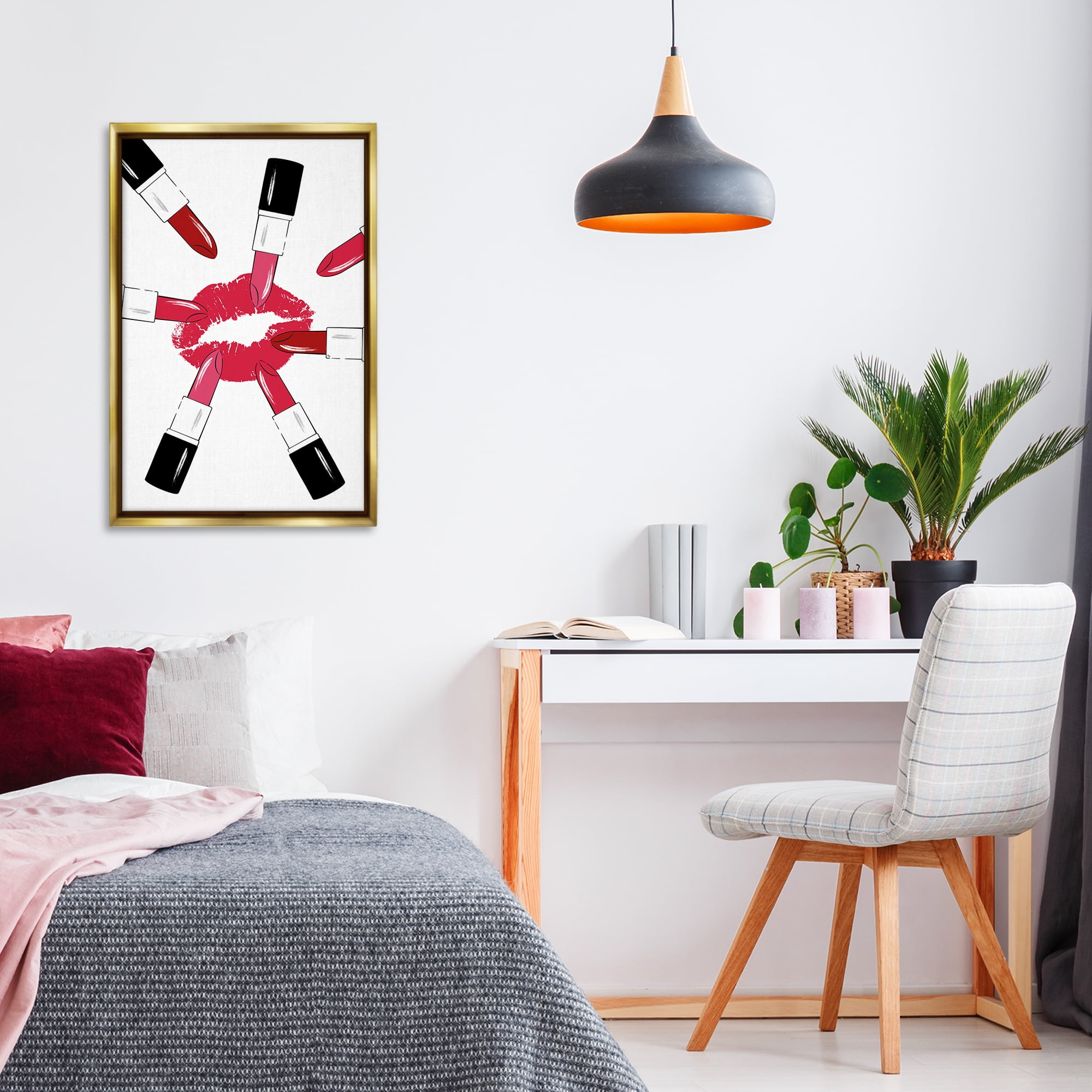 Stupell Industries Lipsticks & Kiss Beauty & Fashion Painting Gold Floater Framed Art Print Wall Art, 21 x 31