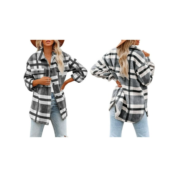 Women'S Flannel Plaid Shacket Fall Outfits Long Sleeve Button Down Shirts Jacket Coats with Side Pockets Black M
