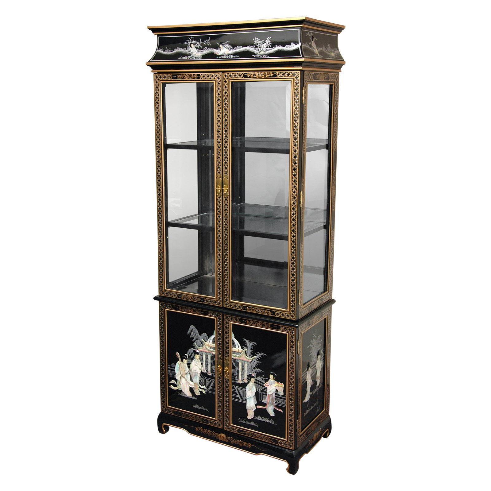 Oriental Furniture Lacquer Curio Cabinet, Black Mother of Pearl