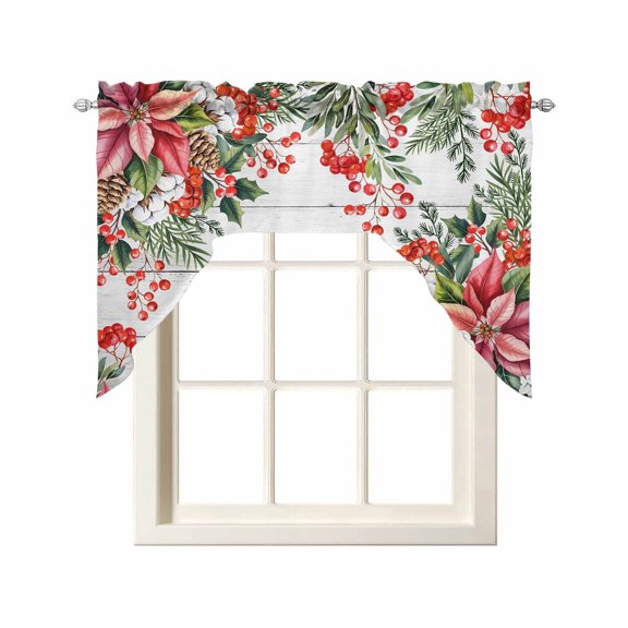 Cardinal Bird Swag Valances for Windows, Small Curtains Drapes, Winter Poinsettia Pine Cones Berry Wood Kitchen Window Curtains Over Sink Window Treatment Valance for Bedroom/Bathroom 56"x36"