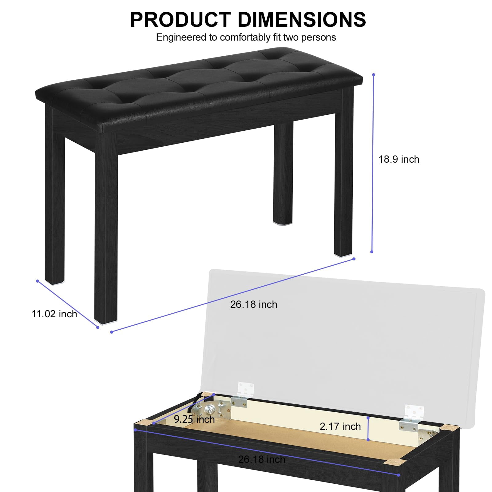 Duet Piano Bench With Storage - Wooden Solid Wood  Tufted Padded Keyboard Stool & Chair Seat Vanity Double (black)