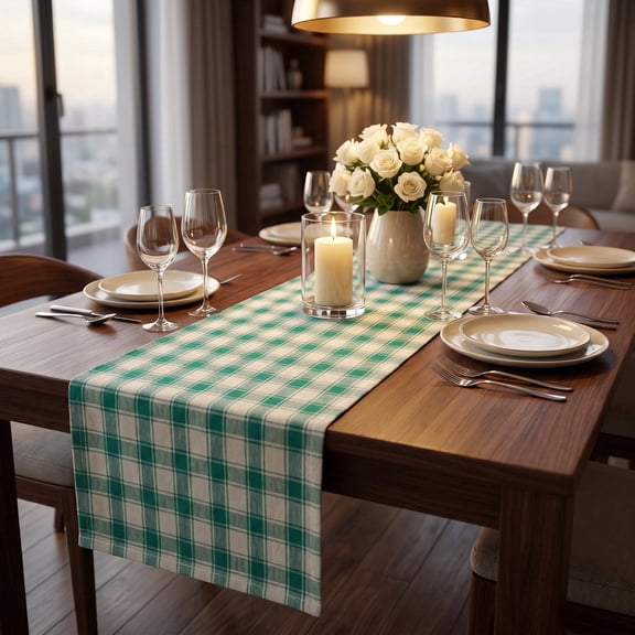 SHOPCREW Soft Cotton Checkered Table Runner – Plaid Pattern Dining Table Runner for Farmhouse, Modern & Everyday Home Décor (Aqua Sage, 12x72 Inch)