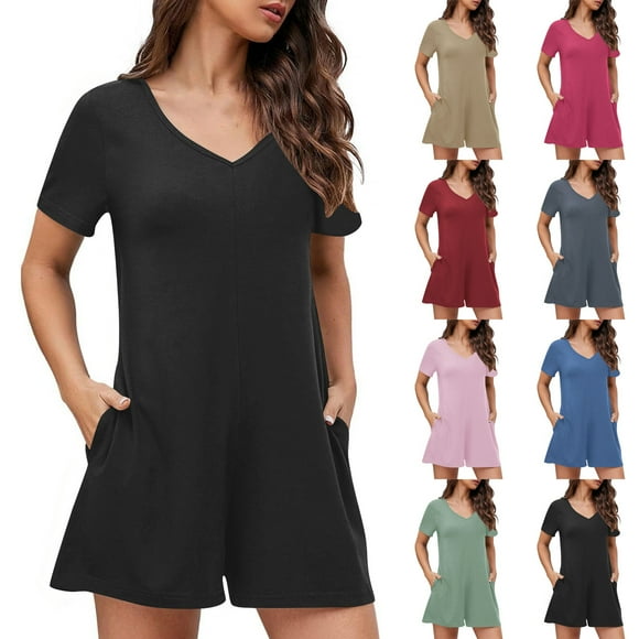 JURANMO Ofertas Relampago de Hoy, Women's Summer Short Sleeve V Neck Short Jumpsuits Solid Casual Athletic Onesie Shorts Loose Wide Leg Romper with Pockets Dark Gray L