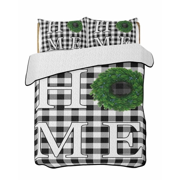 Quilts Queen Size Bedding Set, Black White Checkered Reversible Summer Quilt 3 Pieces, Farmhouse Buffalo Plaid Botanical Lightweight Bedspreads Coverlets with 2 Pillow Shams for All Seasons