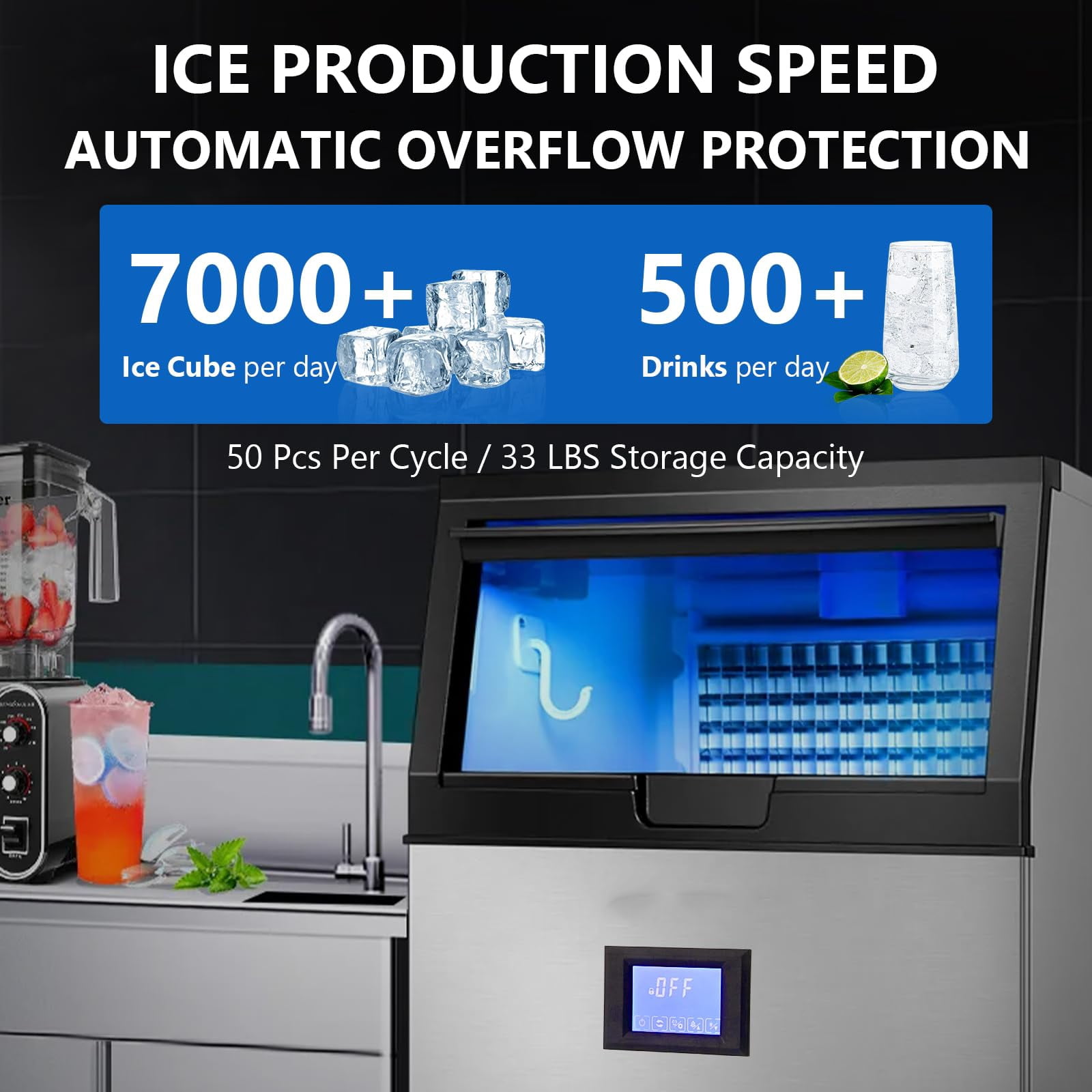 Kselythan Commercial Ice Maker Machine,100lbs/24H  Stainless Steel Ice Machine with 33lbs Ice Storage Capacity, Freestanding Under Counter Ice Maker
