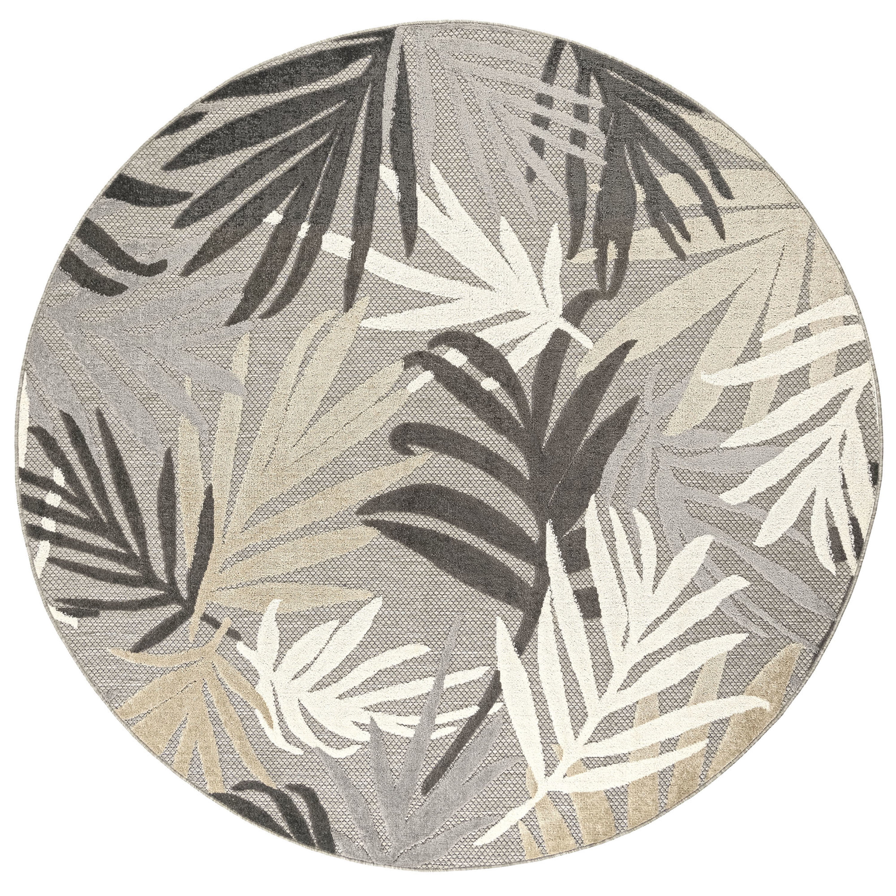 Oasis Modern Floral Gray and Beige Polypropylene Indoor Outdoor Area Rug, 5'x5' Round