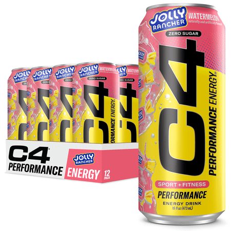 C4 Performance Energy Drink, Jolly Rancher Watermelon Flavor, Zero Sugar, Carbonated, 16 fl oz can, 12 Pack