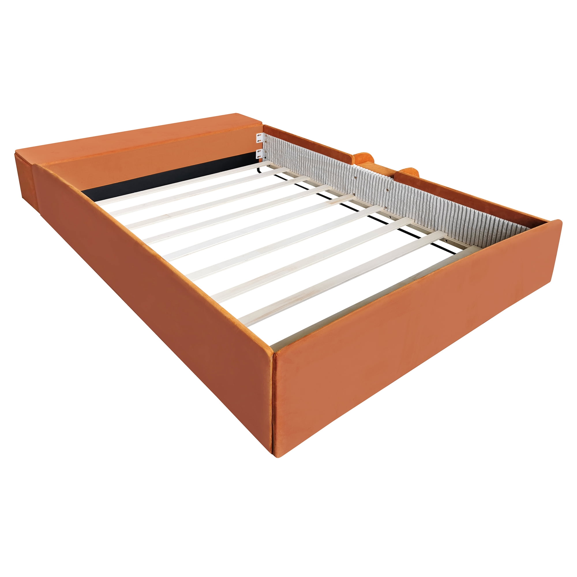 Leumius Full Size Floor Bed Frame with Stairs & Gas Lift Storage Ottoman, Velvet Upholstered Daybed with Padded Guardrails, Brown+White