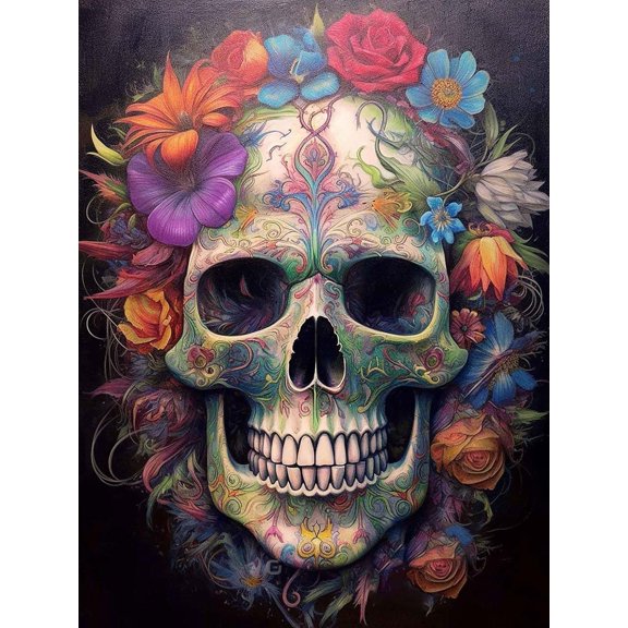 5D DIY Diamond Painting Set "Skull and Flowers" Round Diamond Art Crafts for Adults, Suitable for Wall Decoration, Bedroom and Home Decoration
