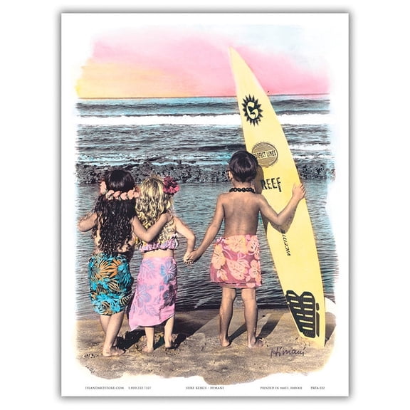 Hawaiian Surf Keikis (Children) - From an Original Hand Colored Photograph by Himani - Master Art Print (Unframed) 9in x 12in