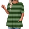 thumbnail image 2 of Hfnxid Plus Size Top for Womens Striped Crew Neck Short Sleeve Shirt Solid Color Loose Fit Tops Summer Casual Vacatin Tee ShirtsGreenL, 2 of 6