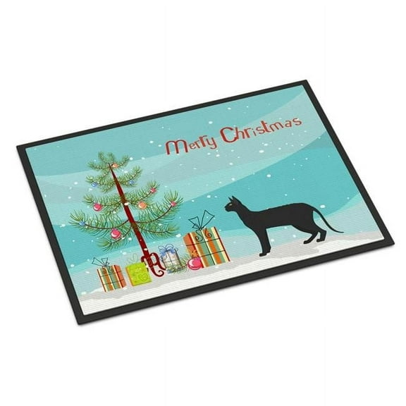 Black Cornish Rex Cat Merry Christmas Door Mat