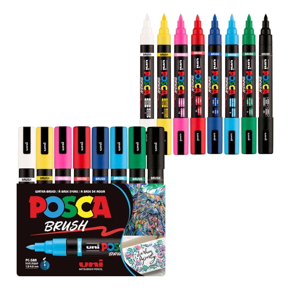 POSCA PC-5BR Water-Based Paint Markers, Reversible Brush Tip, 1.0–4.0 mm, Assorted Colors, 8 Count