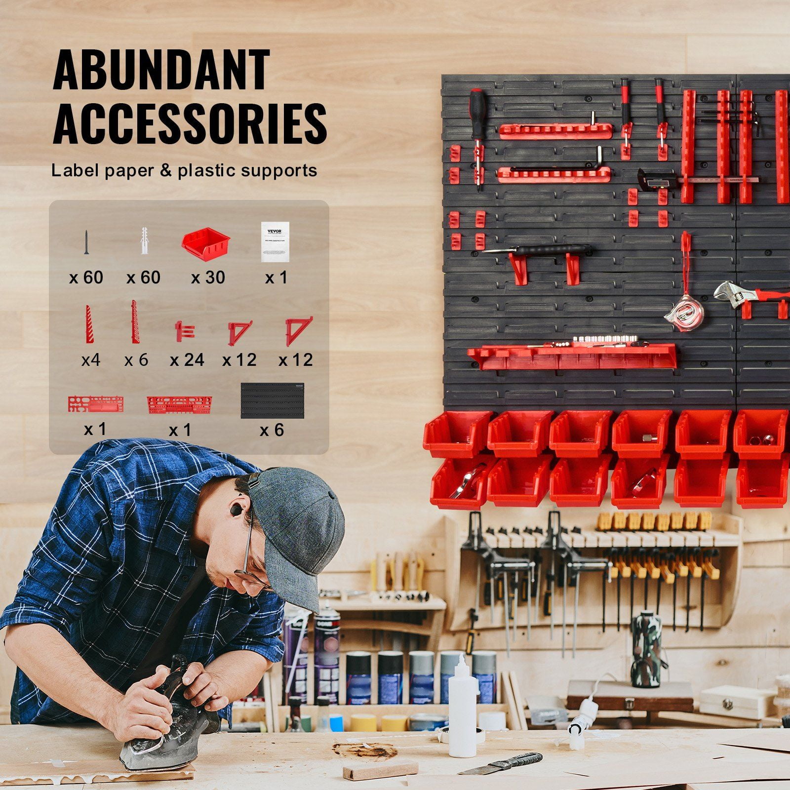 CAFORKP 30-Bin Garage Tool Organizer Wall Rack with Removable Bins, Wall Panels & Hooks - Heavy Duty Storage for Nuts, Bolts, Screws, Craft Supplies in Black and Red