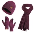 thumbnail image 2 of Guiexla 1 Set Winter Hat Scarf Gloves Set Thick Knitted Soft Warm Elastic Solid Color Ear Five Fingers Windproof Unisex Winter Outdoor Cycling Cap Tassel Scarf Touch Screen Gloves Set, 2 of 8