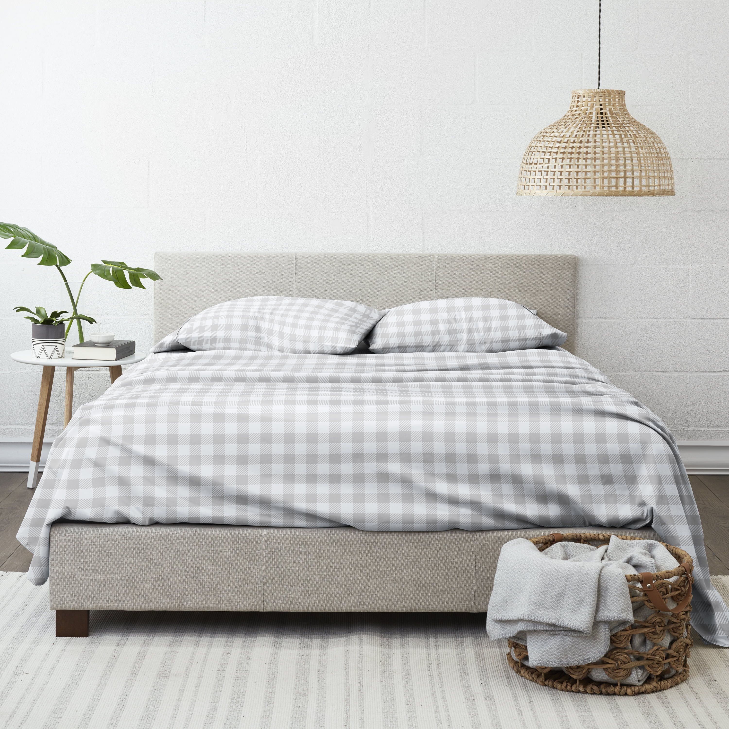 Noble Linens 4 Piece Pattern Microfiber Bed Sheets Set, Light Gray Country Plaid, Full