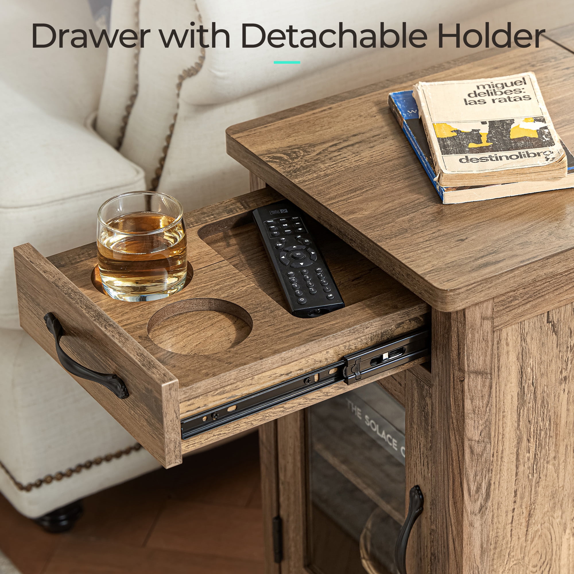 LINSY HOME End Tables for Living Room with Charging Station, Nightstand for Bedroom with Drawer and Detachable Holder,Brown