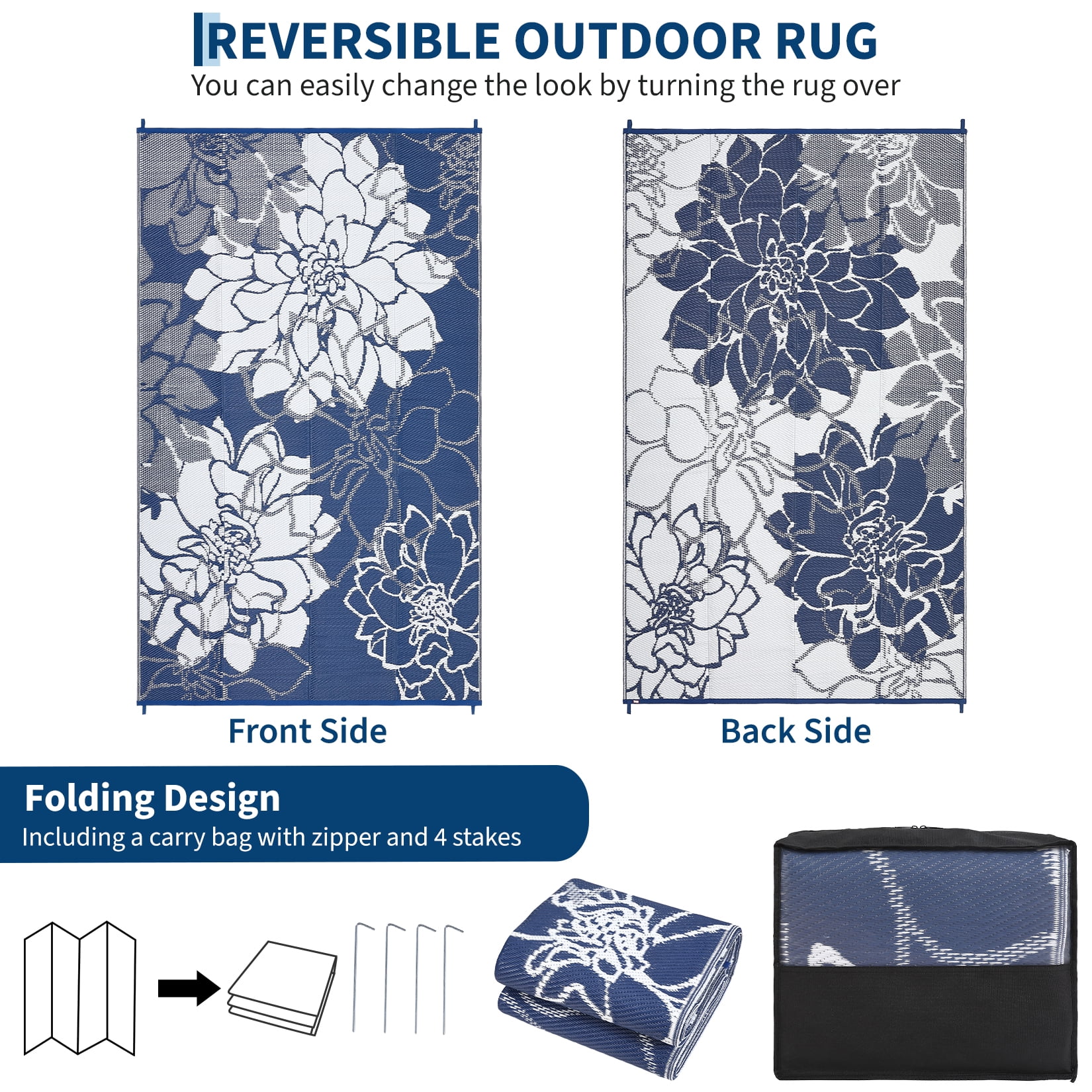 Garvee Waterproof Outdoor Rug 9'x18' Modern Floral Patio Carpet, Reversible Plastic Straw Rug Foldable RV Camping Mat with Stakes for Patio Balcony Deck Backyard, Dark Blue