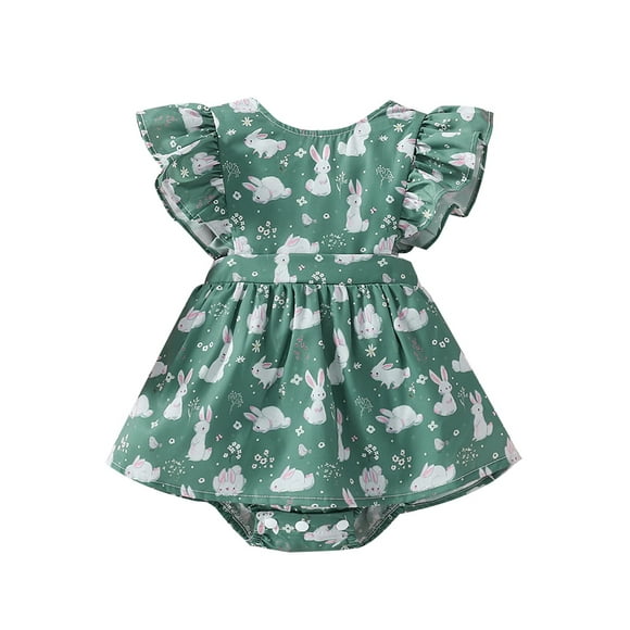 goowrom Baby Girl's Romper, Rabbit Floral Print Flying Sleeve Round Neck Snap Crotch Dress Style Infant Girl Bodysuit