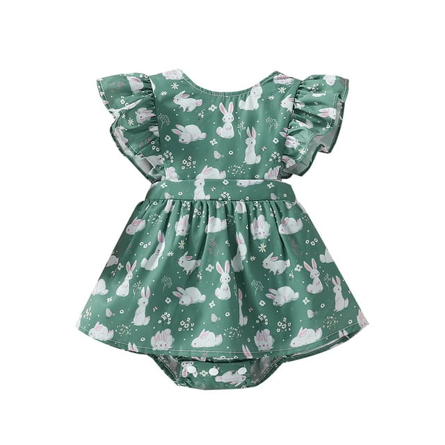 goowrom Baby Girl's Romper, Rabbit Floral Print Flying Sleeve Round Neck Snap Crotch Dress Style Infant Girl Bodysuit