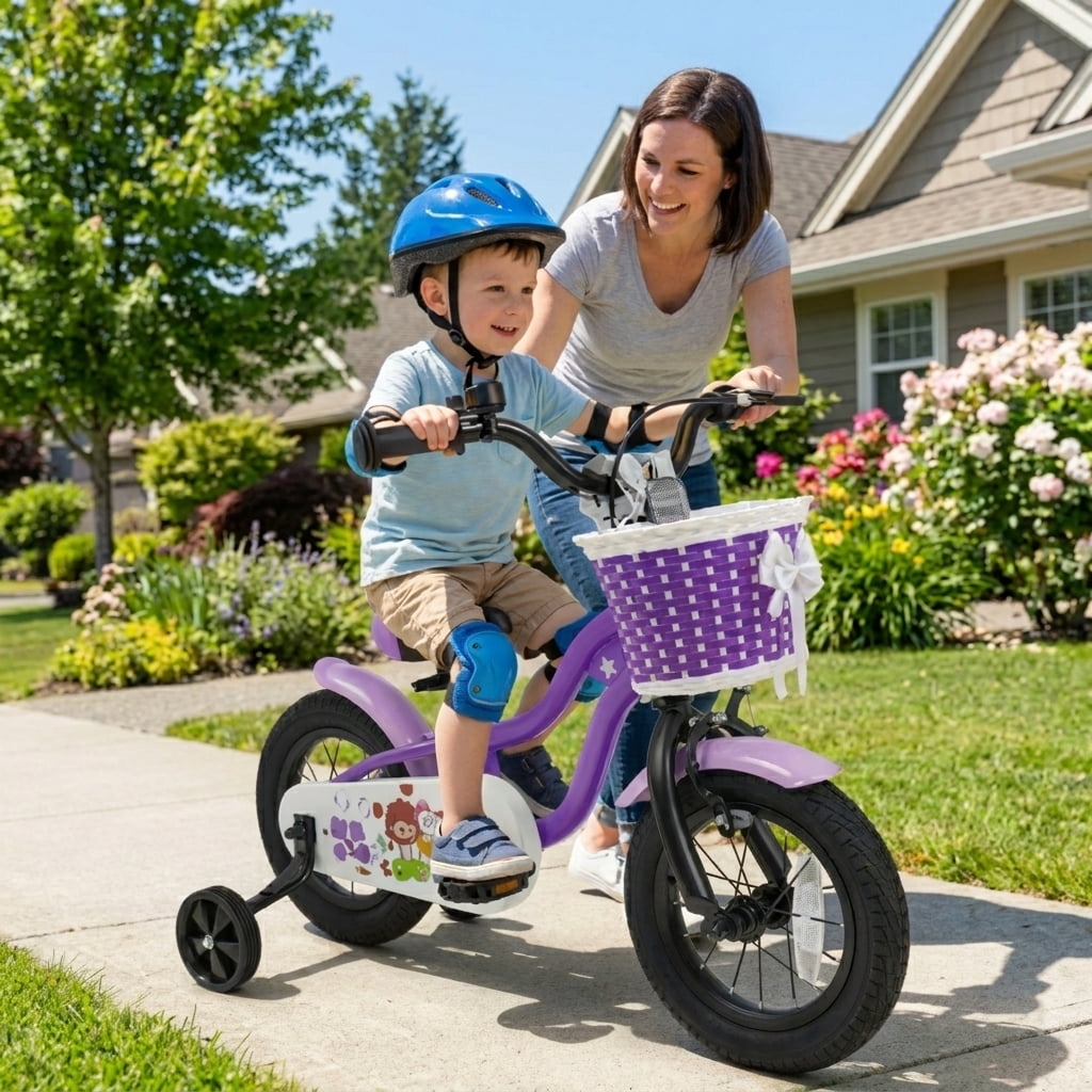 Redsmile Kids Bike 12 Inch with Training Wheels for Boys Girls Aged 3-4 Years Old, Toddler Bicycle with Adjustable Seat and Rider Height 31.5"-41.3", 110 lb Capacity, Purple