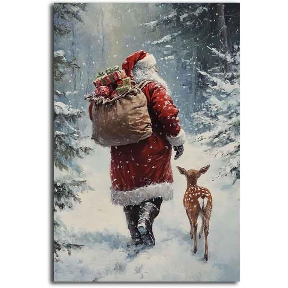 Santa Claus Reindeer Wall Art Print Winter Forest Snow Scene C.h.ris.tmas Home Decor Holiday Decoration Size 24''x36''-Gategoo