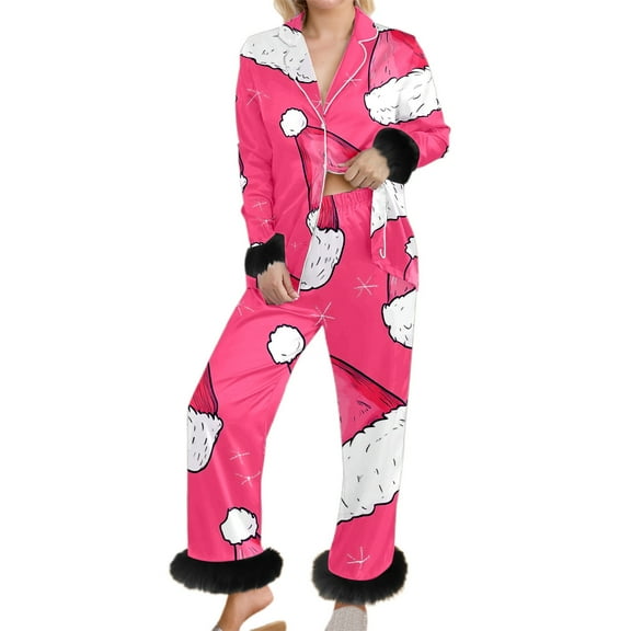 Womens Christmas Pajama Sets Fur Trim Long Sleeve Christmas Theme Printed Shirts Pants Cozy Sleepwear Set Pjs Sets for Women Hot Pink L