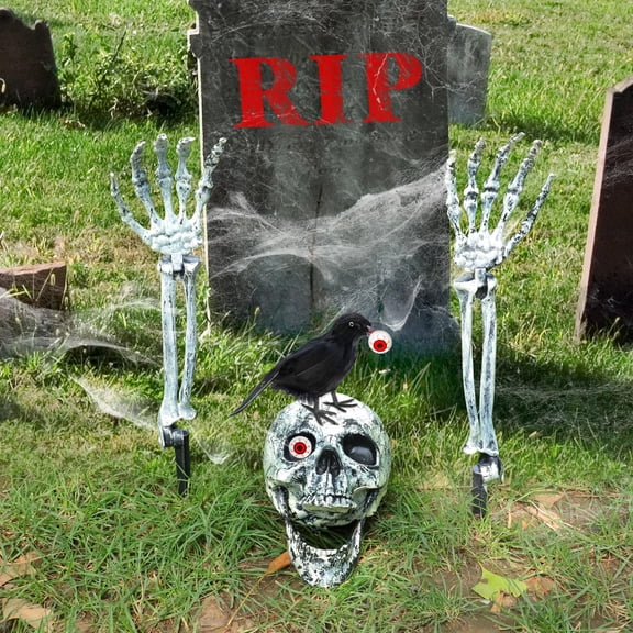 WETRBWEH Halloween Skeleton Stakes with Crow and Red Eyes Garden Halloween Decorations for Lawn Outdoor