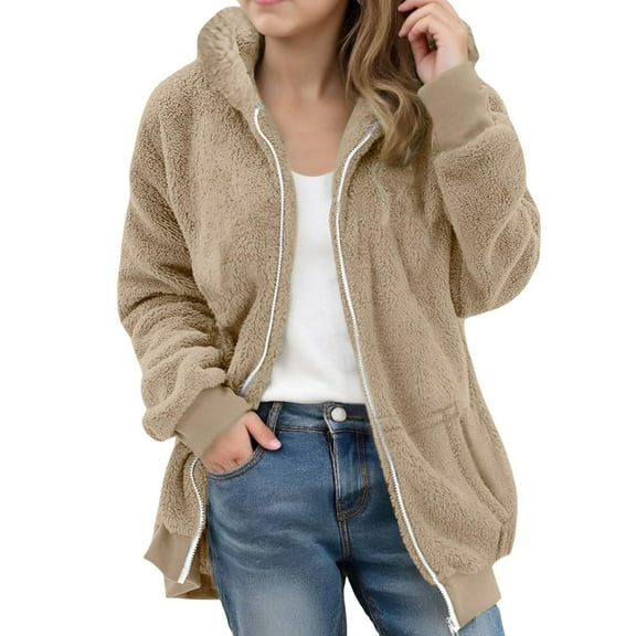 Abcomgle Girls Winter Coats Size 7-8 Full Zip Sherpa Jacket for Girls Warm Hooded Teddy Sweatshirt for Girls Winter Fleece Fuzzy Sweater for Girls with Pockets,15-16Y,Khaki