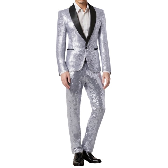 JAJAHO Sparkly Sequins Suit Set For Men Business Dress Wear Long Sleeve Glitter Button Up Slim Fit Suit Jacket Pants For Formal Wedding 2 Piece Trendy Outfit