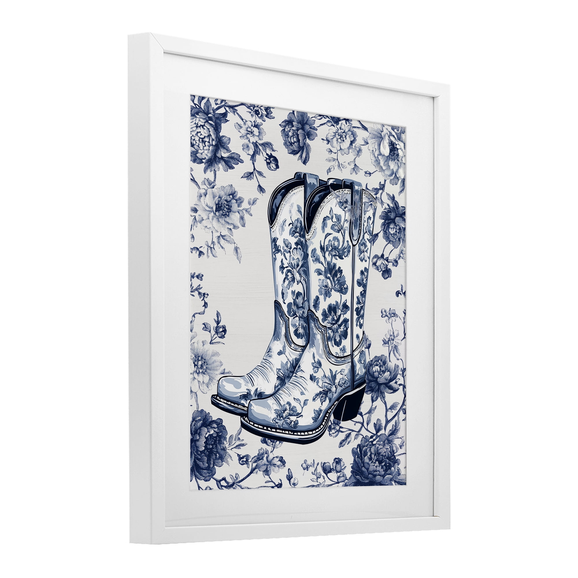 Blue Spring Florals & Boots White Framed Print Under Glass, design by Lettered and Lined