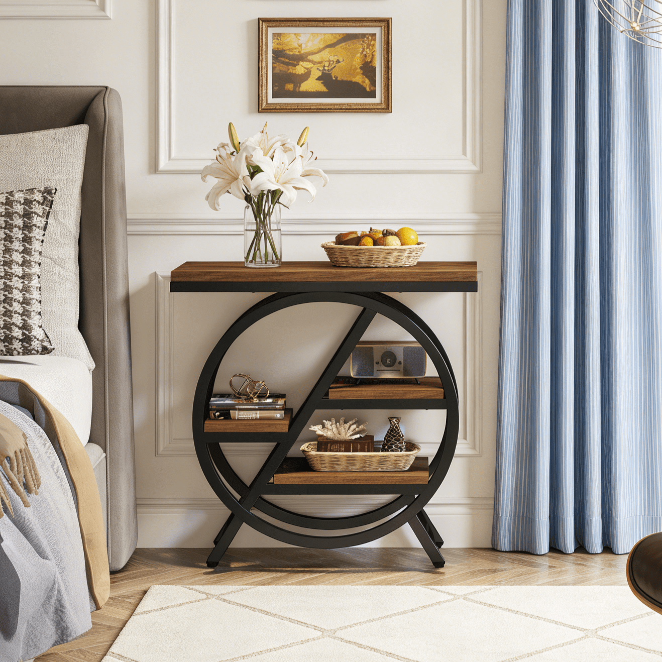 Fnova End Table Modern Wood Narrow Farmhouse Side Tables with Storage Shelf for Living Room, Bedroom, Nightstand