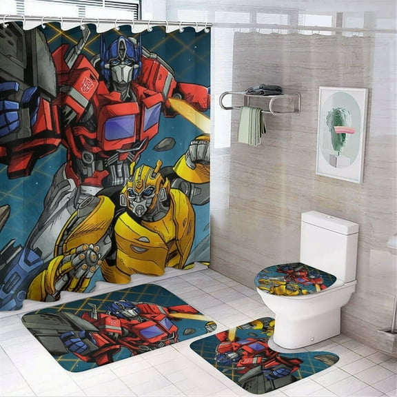 Transformers 4 Pcs Shower Curtain Set with Non-Slip Rug, Toilet Lid Cover and Bath Mat, Colorful Waterproof Shower Curtain with 12 Hooks, Bathroom Decor Accessories 72" x 72"