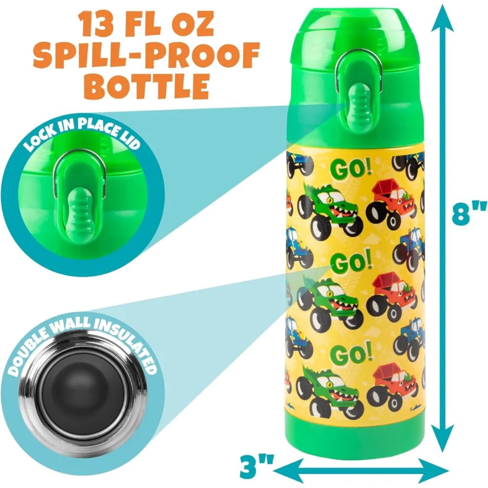 Bentology Kids Lunch Bag Set w Matching Reusable Water Bottle & Hard Ice Pack- Green Monster Trucks- Insulated Tote, Stainless Steel Insulated Thermos, Hard Ice Pack- School Lunchbox Kits
