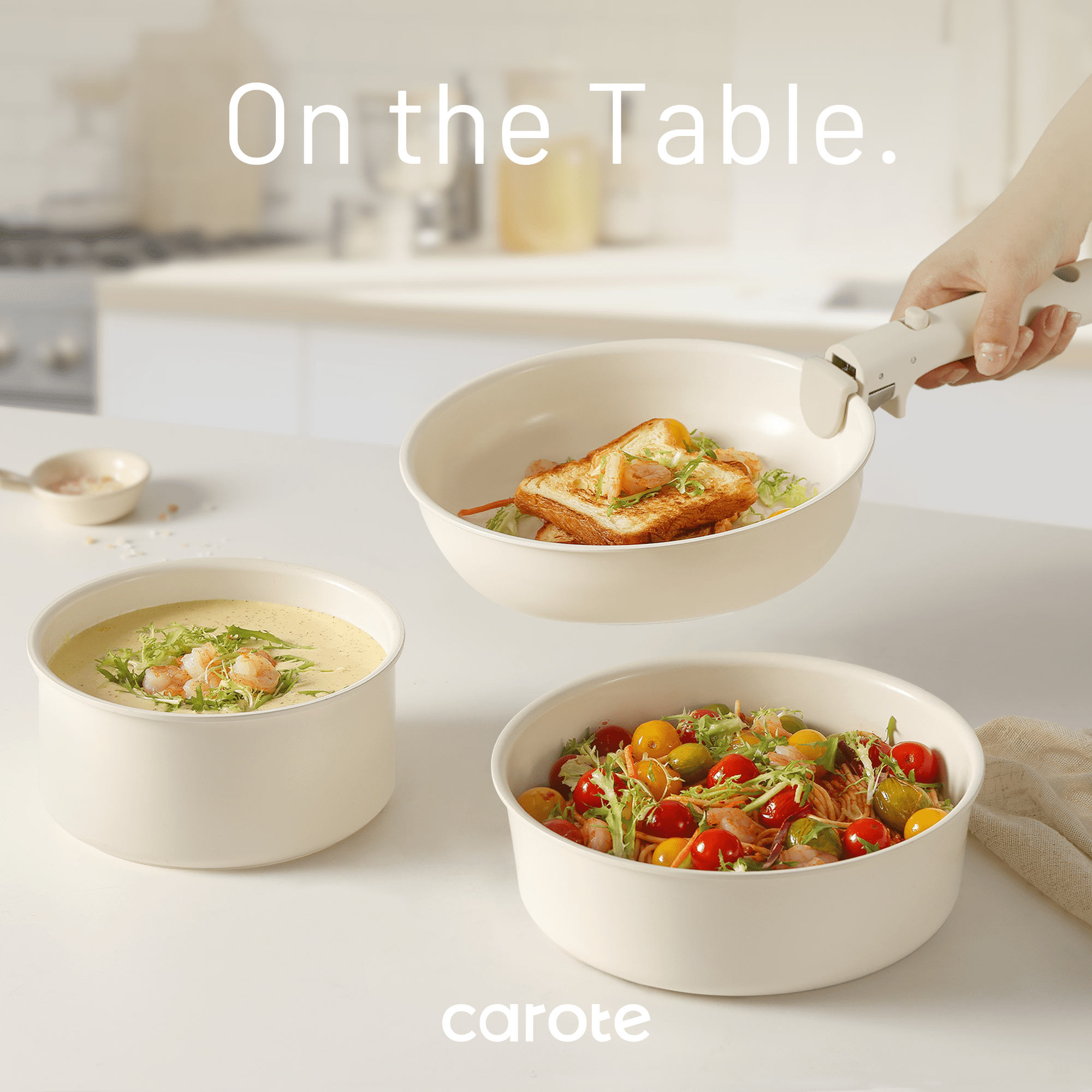 Carote Ceramic Cookware Set, Non Toxic Detachable Pots and Pans, 13 Pcs Induction Cookware, Cream  (图4)